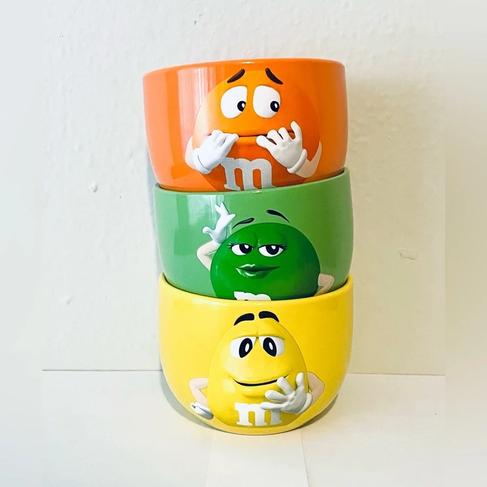 M & M's Orange, Yellow, Green Ceramic Snack Bowls Set 10 oz‎ (2021)